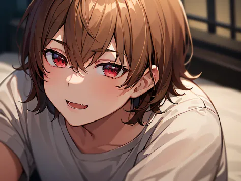 masterpiece,best quality,ultra detailed, ((((solo boy)))), ((mid-teen guy)),light brown hair,red eyes,,hairs between eyes,gentle...