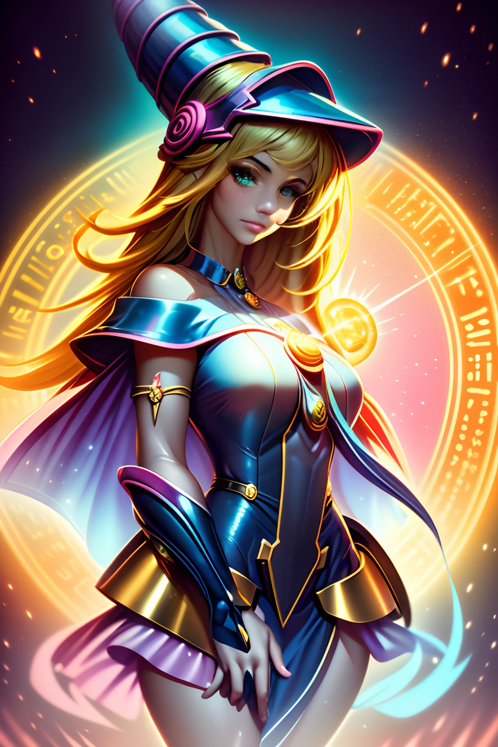 ((The best quality)), ((Masterpiece)), ((realist)), portrait, dark magician gils.
1girl, celestial, Deity, goddess, light particles, halo, looking at the viewer,
(bioluminiscente:0.95), Vibrant, colorido, color, (resplendent, glow),
(beautiful composition), cinematic lighting, intricate, (symmetrical:0.5), capricious,