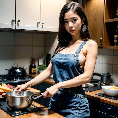 woman posing for a photo, on the litchen, (cooking), good hand,4k, high-res, masterpiece, best quality, head:1.3,((Hasselblad photography)), tshirt, apron, jeans, finely detailed skin, sharp focus, (cinematic lighting), collarbone, night, soft lighting, dy...