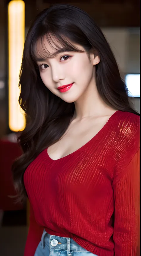 of the highest quality, masutepiece, 超A high resolution, Photorealistic, 1 girl,High-resolution full-body images, Red lips with a smirk， Smile, slightly visible, Red sweater, denim skirt,fullbody image,Soft lighting, Detailed skin, Bangs, Black hair, Clear...