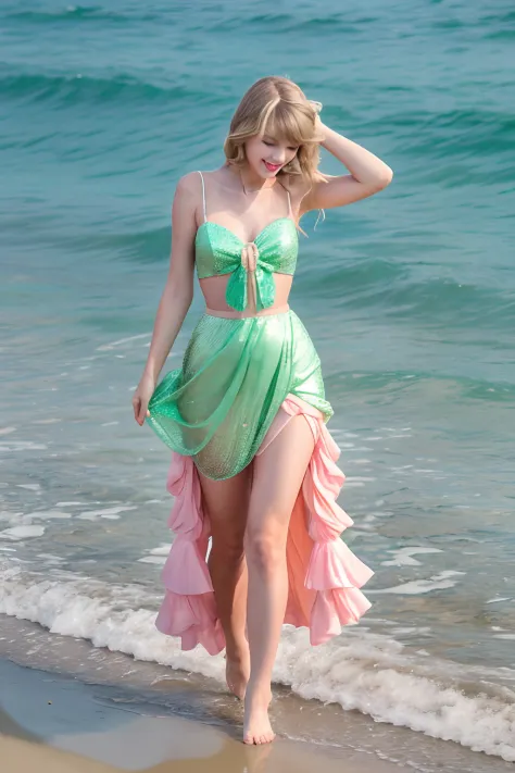 Taylor Swift Full Body Image,She is a princess with golden blonde hair, In a pink dress,fullbody image, On the crystal clear emerald green seaside,fullbody image.Smile and turn to me， Full body, The Strongest Image,