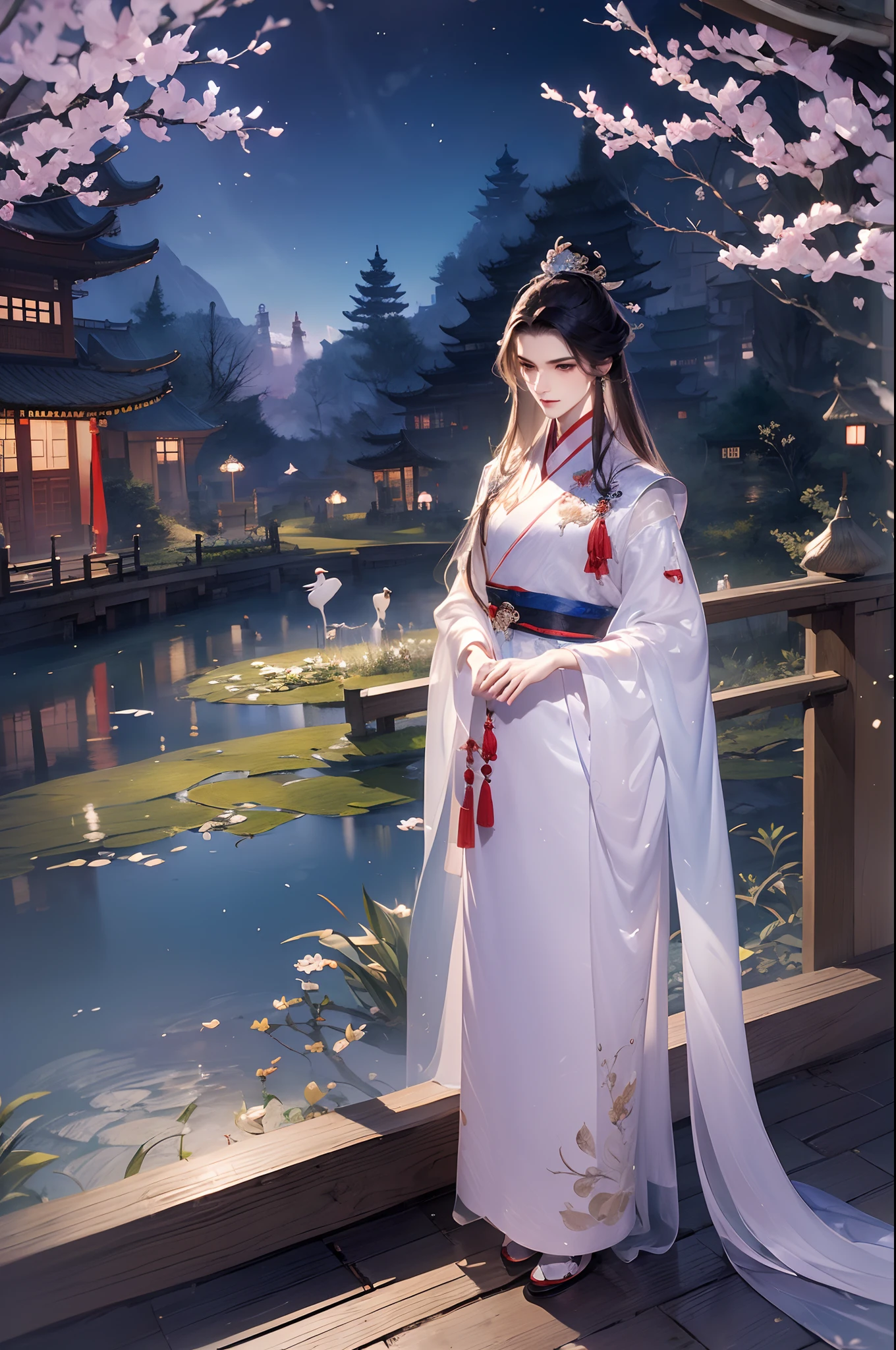 (Best quality,A high resolution,Clear image:1.2),Ultra-detailed background,Beautiful man standing，Chinese style clothes,,Garden scene,Under the moonlight,waterfallr，Crane，Romantic atmosphere,Dutch Angle Shot,Soft lighting,shelmet