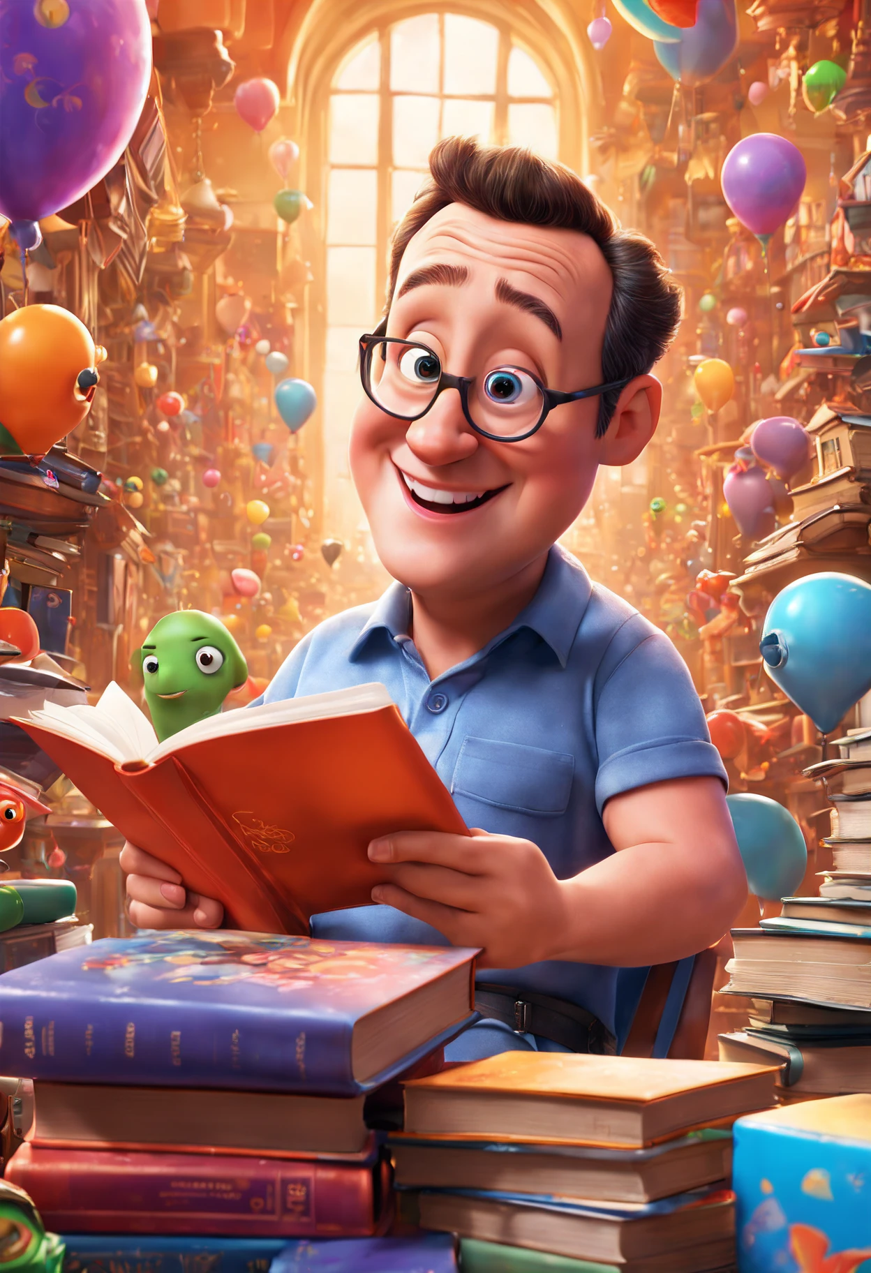 (bright and vibrant colors), (highres), (realistic:1.37), Disney Pixar Movie poster, Kevin James, skinny, no muscle, 55 years old man, (beautiful detailed eyes:1.1), (beautiful detailed lips:1.1), smiling with a warm expression, (charming appearance:1.1), (professional lighting), (ultra-fine rendering), upper body shot, (expressive facial features:1.1), reading a book, (studying intently:1.1), surrounded by magical elements representing different Pixar movies, (dynamic composition), (whimsical details), (playful characters), vibrant background, filled with color and joy, (3D render), (fantastical art style), (nostalgic aesthetic), (attention to detail:1.1).