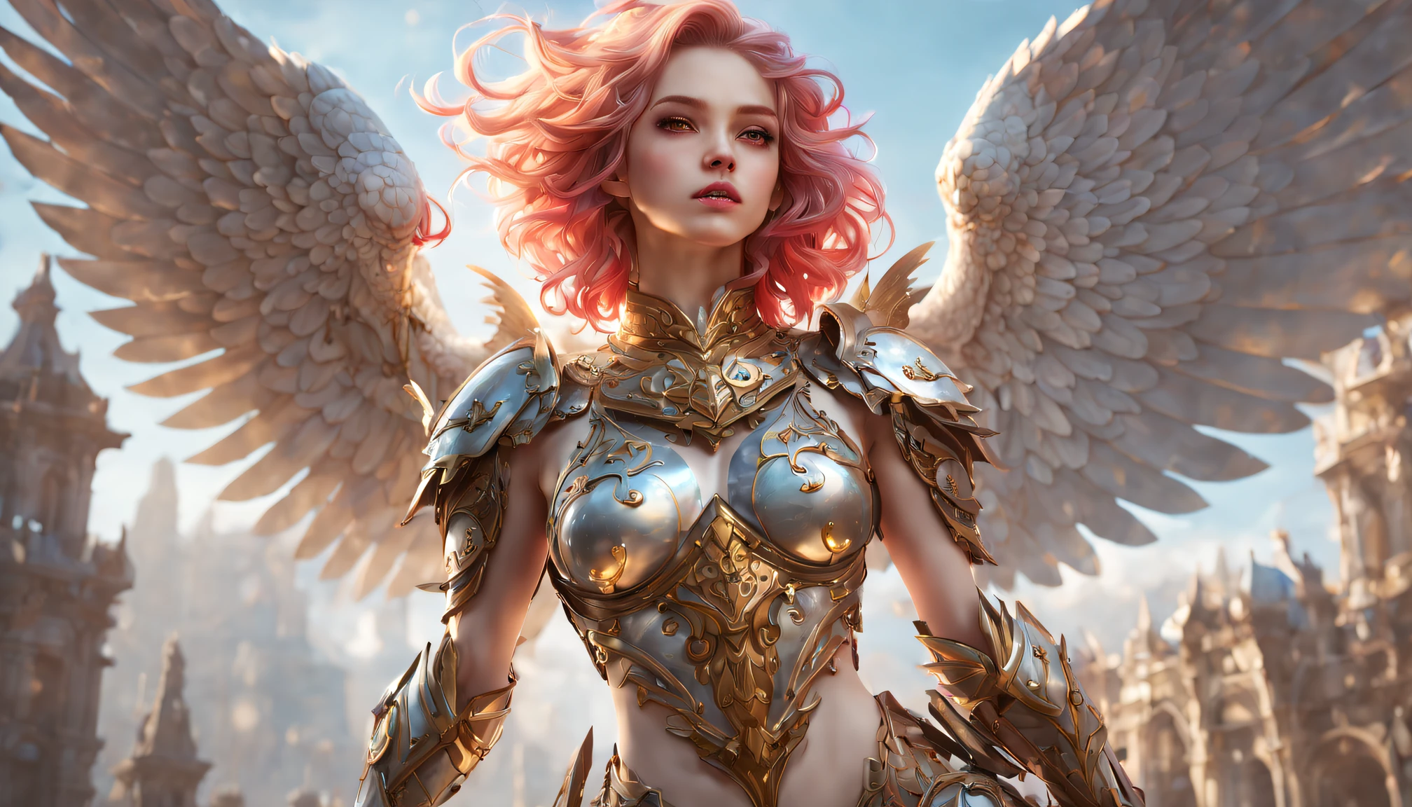 Extremely detailed CG Unity 8k wallpaper, masterpiece quality, rich details, fascinating, beautiful and cleaned face, floating (1 girl), unique colorful hair, sultry lips, (looking directly at the camera), (moderate milk), (1 girl) dressed (gorgeous armor, intricate detailed wings), holding a dagger, mythical architectural background.