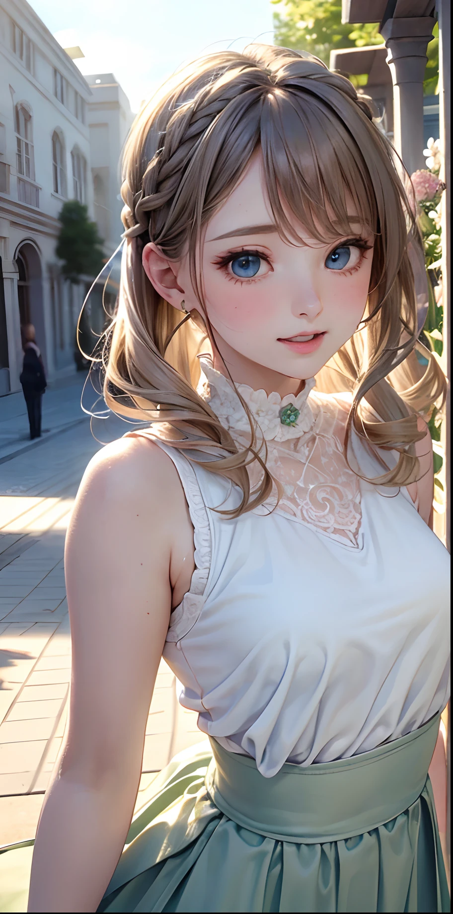 (​masterpiece),(top-quality:1.2),1girl in,(masuter piece:1.3),exquisitedetails, Highest quality 8K resolution, Ultra-detailed, Realistic, Vibrant colors, Soft tones, With warm and gentle lighting,(Black Vest:1.3),(whiteshirt:1.3),(green long skirt:1.4),(short twin-tailed blonde hair:1.3),(Hair parted in the middle:1.3),(Glowing hair),(Dark blue eyes:1.3),White skin, hair clips,Overflowing soft and gentle feelings,(The promenade is full of flowers:1.3),The sun's rays illuminate joy and pure love, Warm golden glow,The atmosphere is full of happiness and laughter, As if celebrating love,Sticking to ultra-detailed depictions and vivid colors. In a style that blends romanticism and realism、You can feel the depth of love,color palettes,Create an ethereal atmosphere like a dream,and the lighting is soft and diffused, Shine a gentle light on your face,The artwork is a masterpiece,