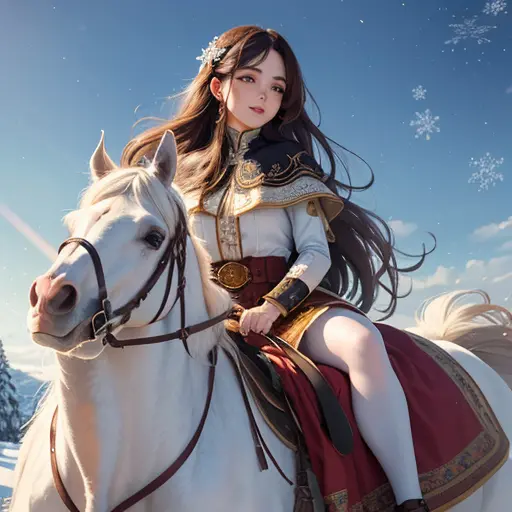 (high detail, super quality, high resolution, 8k), (mature female, long hair, big eyes), wearing jk style, happy, riding a horse...