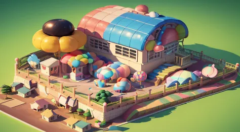 isometric house, (top-down 45-degree perspective), cartoon, candy house, colorful balloons, cute building, huge candy-like signboard, amusement park, blank background, clear structure, correct light and shadow, 3D rendering --auto --s2