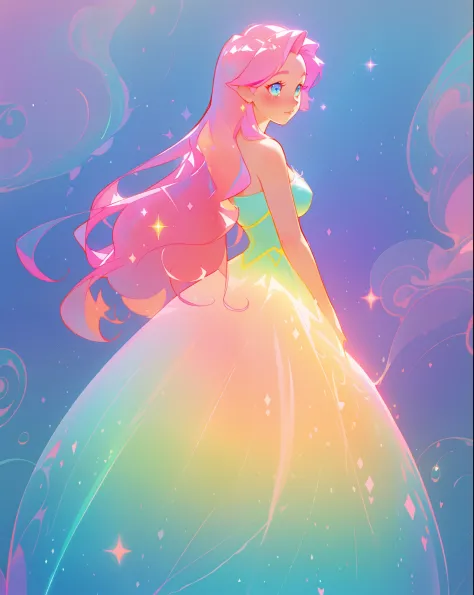 beautiful girl in sparkling gradient ballgown, long wavy peach pink hair, vibrant pastel colors, (colorful), colorful watercolor...