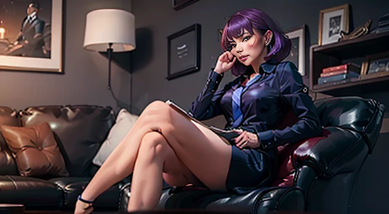An American woman, Seated, Dressed, elite, velvet, deep Purple, small tie. Sam, Boss, Imposing, Full-HD, ......ISO, The law firm features contemporary design furniture, including armchairs upholstered in black and gray leather, tempered glass coffee tables with chrome bases, a solid wood meeting table with black leather chairs, As well as a built-in bookcase，Inside there are law books bound in brown leather. ?" Its 11-blade circular diaphragm and XA lens elements together provide a nice bokeh. In addition, The lens is equipped with an aperture ring，You can switch between no-click and no-click actions, a dust and moisture resistant design, and four XD linear autofocus motors，Provides fast and accurate autofocus and tracking. This lens offers Sony photographers a brilliant performance tool for portraiture, nighttime scene, and photography in general."