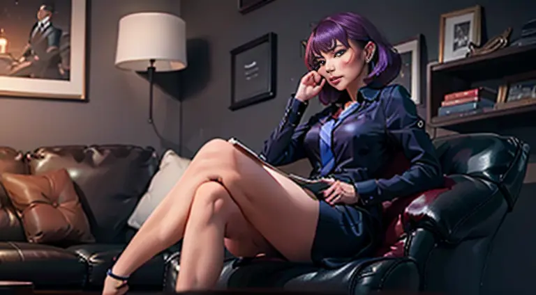An American woman, Seated, Dressed, elite, velvet, deep Purple, small tie. Sam, Boss, Imposing, Full-HD, ......ISO, The law firm...