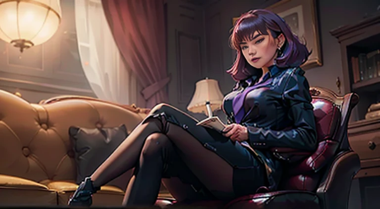 An American woman, Seated, Dressed, elite, velvet, deep Purple, small tie. Sam, Boss, Imposing, Full-HD, ......ISO, The law firm features contemporary design furniture, including armchairs upholstered in black and gray leather, tempered glass coffee tables with chrome bases, a solid wood meeting table with black leather chairs, As well as a built-in bookcase，Inside there are law books bound in brown leather. ?" Its 11-blade circular diaphragm and XA lens elements together provide a nice bokeh. In addition, The lens is equipped with an aperture ring，You can switch between no-click and no-click actions, a dust and moisture resistant design, and four XD linear autofocus motors，Provides fast and accurate autofocus and tracking. This lens offers Sony photographers a brilliant performance tool for portraiture, nighttime scene, and photography in general."