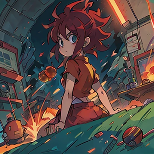 Dans le style artistique d&#39;Akira Toriyama, montrez un adolescent inspectant une grande émeraude rouge, dans un laboratoire. Dragon Ball Z