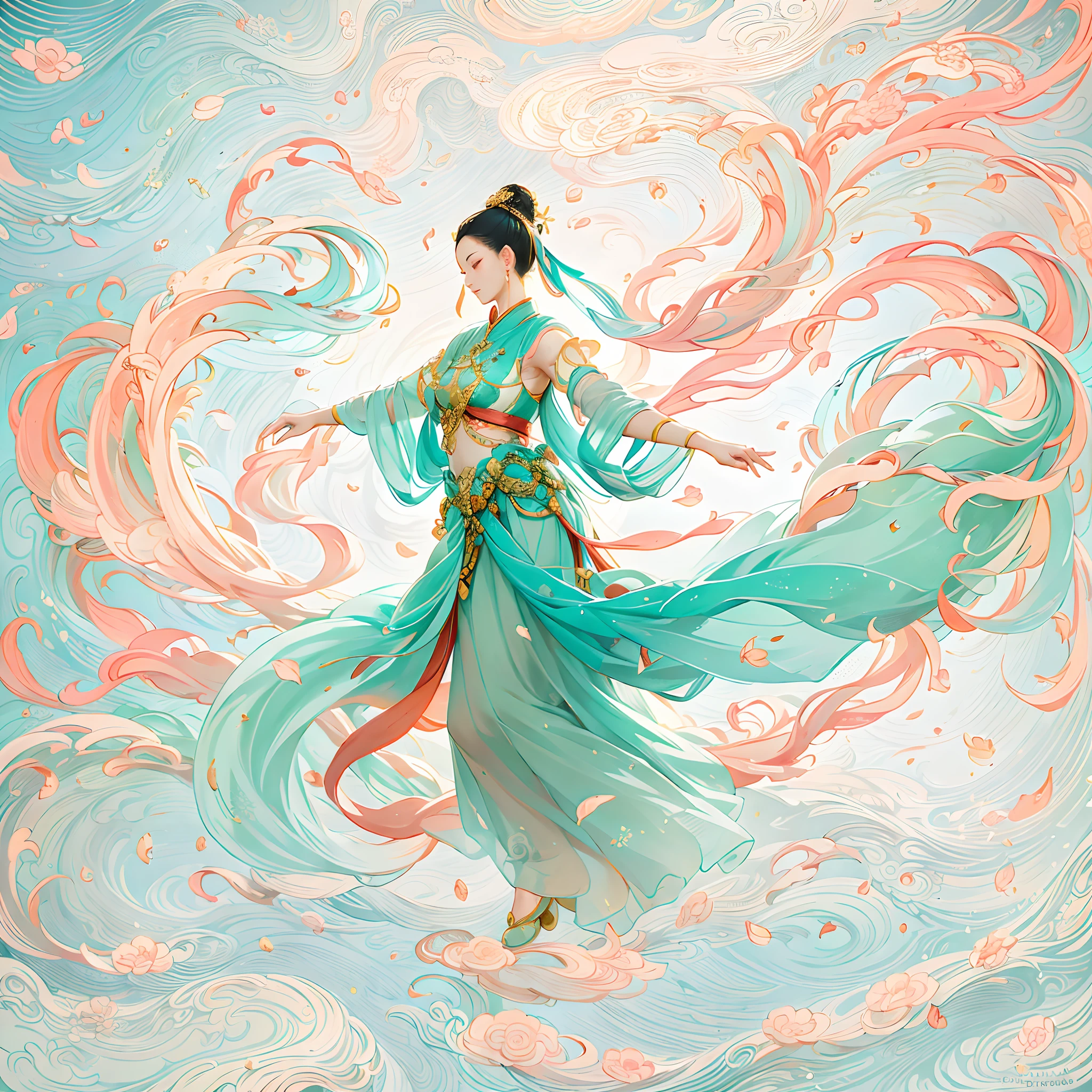 dunhuang style, 在天空中翩翩起舞, 中國古代美女, 絲綢漢服, 來吧絲帶, 優美的舞蹈動作, 墨水畫風格, 乾淨的顏色, 果斷的切割, 空白, 寫意, 柔和的燈光，夢幻光芒， ( 散景)，傑作, 超詳細, 史詩作品, 最好的品質, 4k，