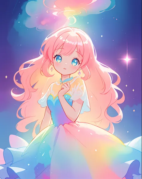 beautiful girl in sparkling gradient ballgown, long wavy peach pink hair, vibrant pastel colors, (colorful), colorful watercolor...