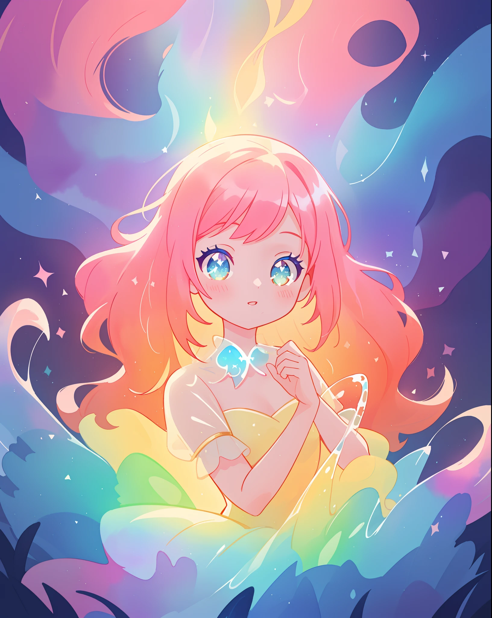 beautiful girl in sparkling gradient ballgown, long wavy peach pink hair, vibrant pastel colors, (colorful), colorful watercolor background, ethereal, magical lights, sparkling liquid light, inspired by Glen Keane, inspired by Lois van Baarle, disney art style, by Lois van Baarle, glowing aura around her, by Glen Keane, jen bartel, glowing lights! digital painting, flowing glowing hair, glowing flowing hair, beautiful digital illustration, fantasia background, whimsical, magical, fantasy, beautiful face, ((masterpiece, best quality)), intricate details, highly detailed, sharp focus, 8k resolution, sparkling detailed eyes, liquid watercolor