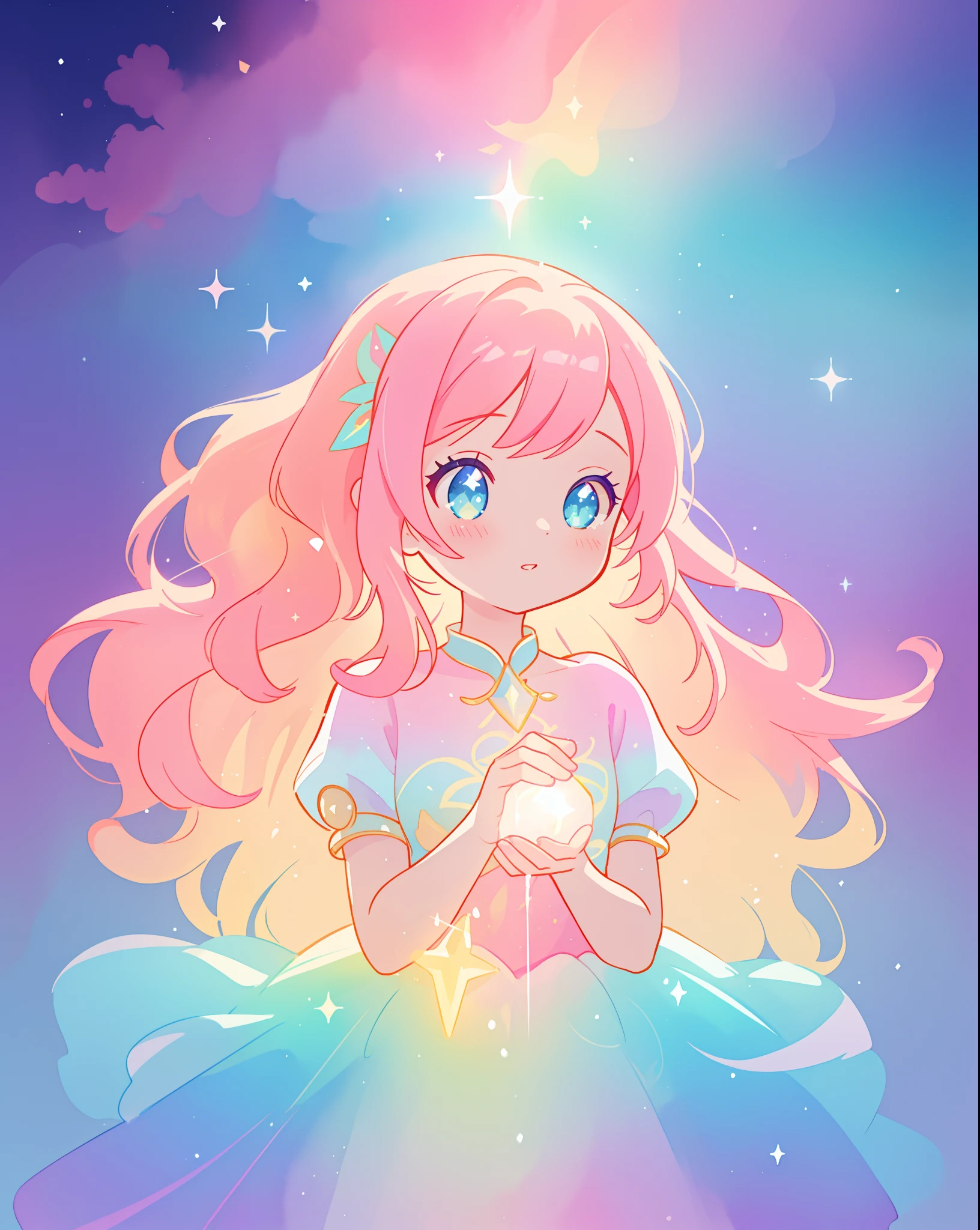 beautiful girl in sparkling gradient ballgown, long wavy peach pink hair, vibrant pastel colors, (colorful), colorful watercolor background, ethereal, magical lights, sparkling liquid light, inspired by Glen Keane, inspired by Lois van Baarle, disney art style, by Lois van Baarle, glowing aura around her, by Glen Keane, jen bartel, glowing lights! digital painting, flowing glowing hair, glowing flowing hair, beautiful digital illustration, fantasia background, whimsical, magical, fantasy, beautiful face, ((masterpiece, best quality)), intricate details, highly detailed, sharp focus, 8k resolution, sparkling detailed eyes, liquid watercolor