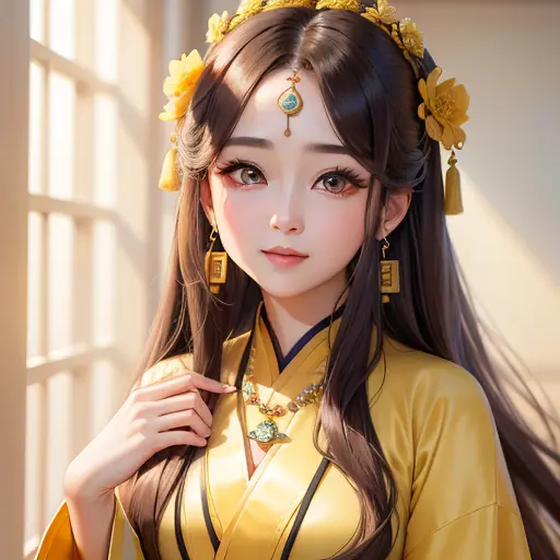 (High detail, super quality, high resolution, 8k), (mature female, long hair, big eyes, earrings, necklace), (wearing yellow Han...