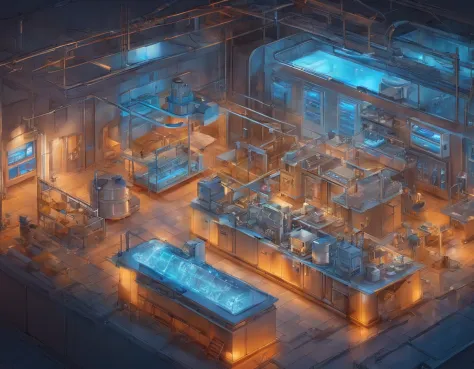 Imagine an isometric view of a hyper-realistic meth lab, brimming with micro-details. Dive into the scene's intricacies, depicting the machinery with precision, from chemical apparatus to industrial equipment. Showcase the environment bathed in the glow of...