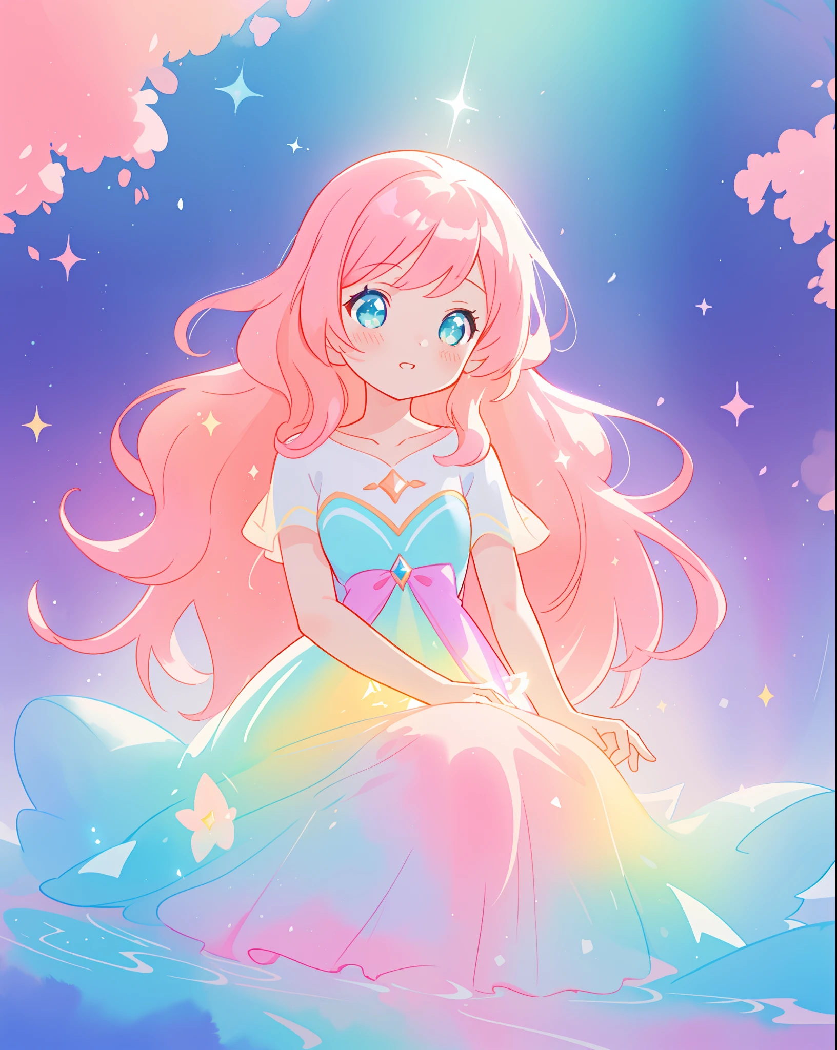 beautiful girl in sparkling gradient ballgown, long wavy peach pink hair, vibrant pastel colors, (colorful), colorful watercolor background, ethereal, magical lights, sparkling liquid light, inspired by Glen Keane, inspired by Lois van Baarle, disney art style, by Lois van Baarle, glowing aura around her, by Glen Keane, jen bartel, glowing lights! digital painting, flowing glowing hair, glowing flowing hair, beautiful digital illustration, fantasia background, whimsical, magical, fantasy, beautiful face, ((masterpiece, best quality)), intricate details, highly detailed, sharp focus, 8k resolution, sparkling detailed eyes, liquid watercolor