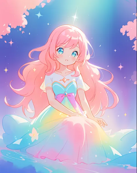 beautiful girl in sparkling gradient ballgown, long wavy peach pink hair, vibrant pastel colors, (colorful), colorful watercolor...