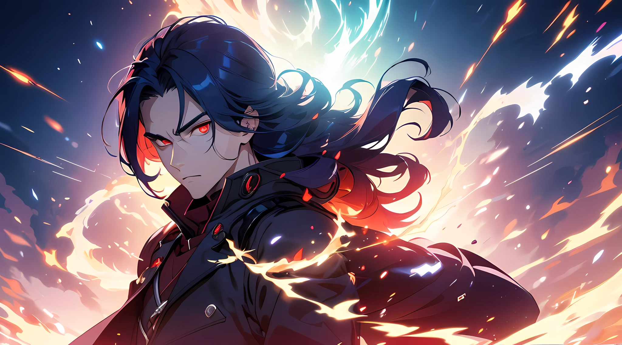 (ultra-detailed, perfect pixel, highres, best quality, beautiful eyes finely detailed), 19 years old boy, have power like demon god in manhwa, full of demonic aura, angry facial expression, red eye color (glowing red eyes), blue hair (half of his hair covered with blue flame), with aristocrat style outfit, elegant, detective, realistic fire, the background is full of magical particles and realistic blue fire. lens flare, glowing light, reflection light, motion blur, 8k, super detail, ccurate, best quality, Ray tracing.