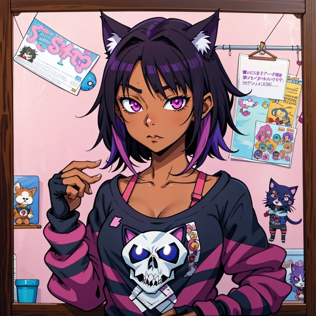 Anime-Mädchen mit dunkler Haut, schwarzen Haaren und violetten Haarsträhnen, trägt einen schwarzen Kapuzenpullover mit magentafarbenen Streifen, schwarzes Shirt mit Totenkopf-Logo, Emo-Anime-Mädchen mit fingerlosen Handschuhen, 1 9 - jähriges Anime - Gothic - Mädchen, im Anime-Stil, süßes Anime-Katzenmädchen, im Anime-Stil, Anime-Stil, Anime-Monstermädchen, gotisches Mädchen Anime Mädchen, Porträt eines Gothic-Katzenmädchens, dunkelhäutiges Mädchen, dunkle Haut Anime Frau