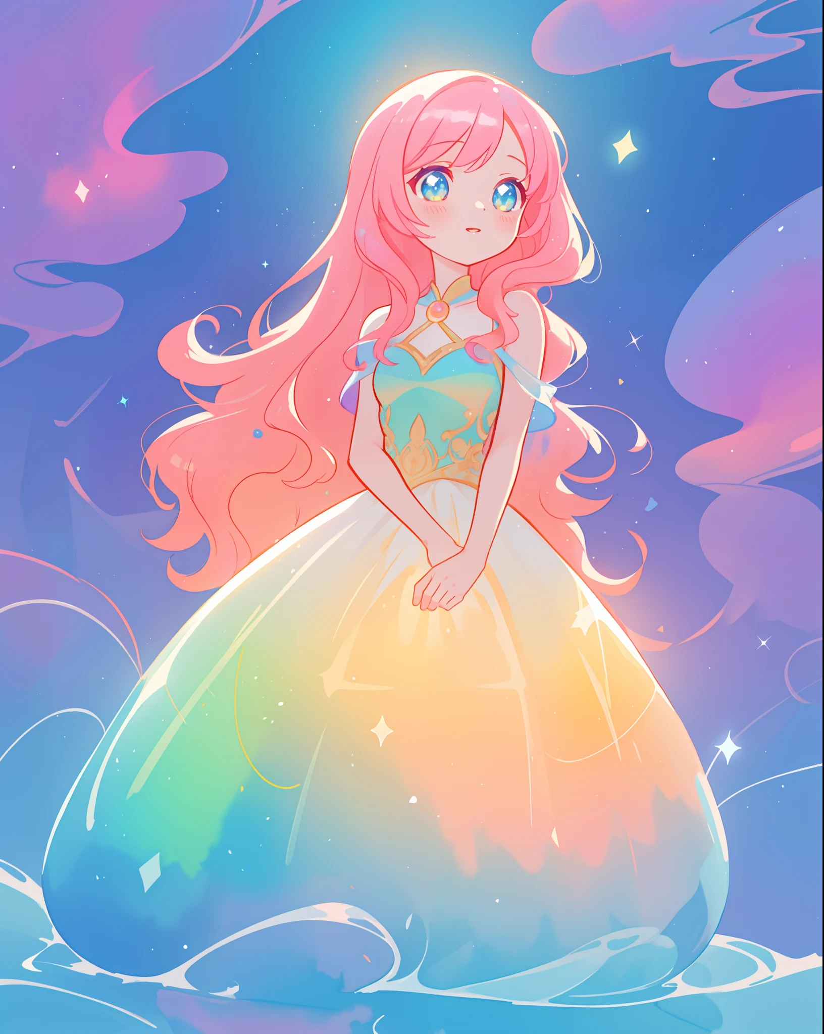 beautiful girl in sparkling gradient ballgown, long wavy peach pink hair, vibrant pastel colors, (colorful), colorful watercolor background, ethereal, magical lights, sparkling liquid light, inspired by Glen Keane, inspired by Lois van Baarle, disney art style, by Lois van Baarle, glowing aura around her, by Glen Keane, jen bartel, glowing lights! digital painting, flowing glowing hair, glowing flowing hair, beautiful digital illustration, fantasia background, whimsical, magical, fantasy, beautiful face, ((masterpiece, best quality)), intricate details, highly detailed, sharp focus, 8k resolution, sparkling detailed eyes, liquid watercolor