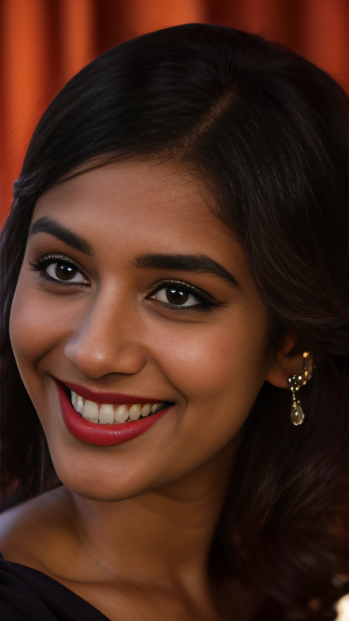 Smiling woman with black hair and earrings holding a cell phone - SeaArt AI