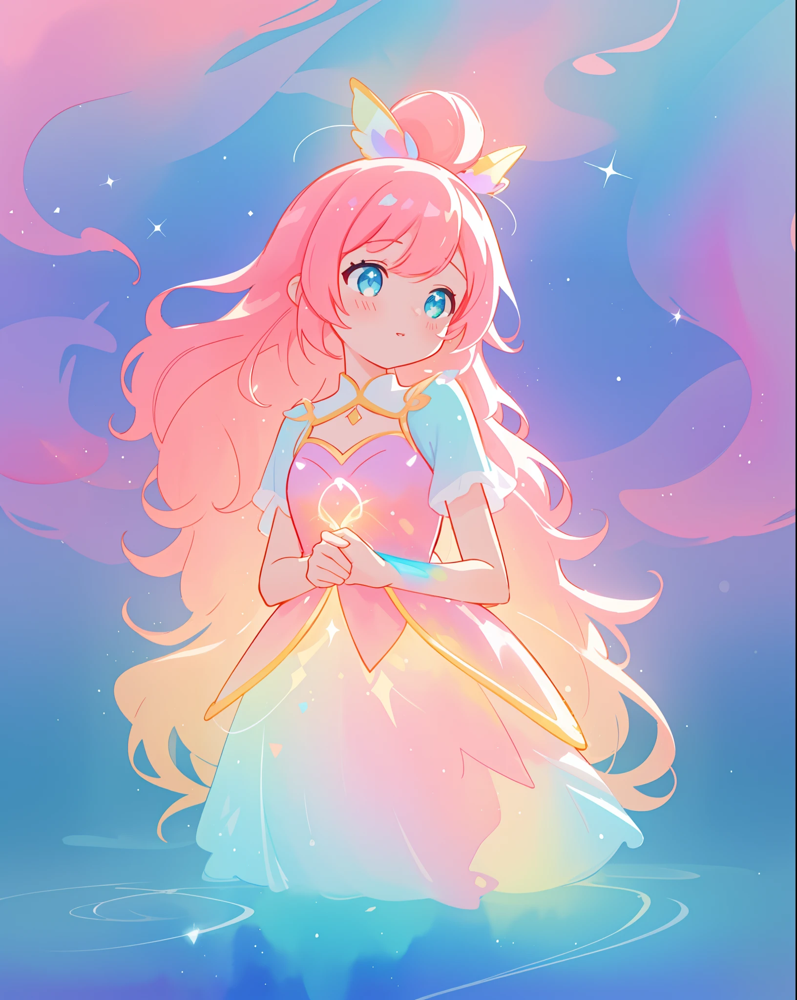 beautiful girl in sparkling gradient ballgown, long wavy peach pink hair, vibrant pastel colors, (colorful), colorful watercolor background, ethereal, magical lights, sparkling liquid light, inspired by Glen Keane, inspired by Lois van Baarle, disney art style, by Lois van Baarle, glowing aura around her, by Glen Keane, jen bartel, glowing lights! digital painting, flowing glowing hair, glowing flowing hair, beautiful digital illustration, fantasia background, whimsical, magical, fantasy, beautiful face, ((masterpiece, best quality)), intricate details, highly detailed, sharp focus, 8k resolution, sparkling detailed eyes, liquid watercolor