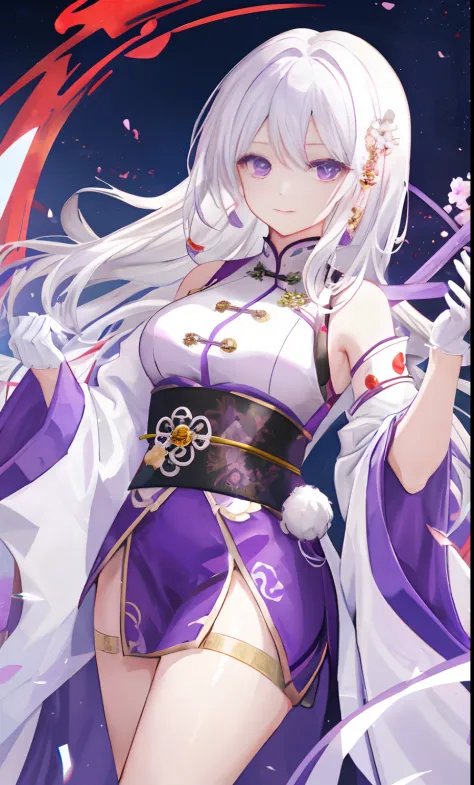 A woman，Watching the view，，White hair，Wear purple robes，Long white gloves are worn on the elbows(Must be above the elbow)，There is a dragon behind him，Chinese Ancient Architecture