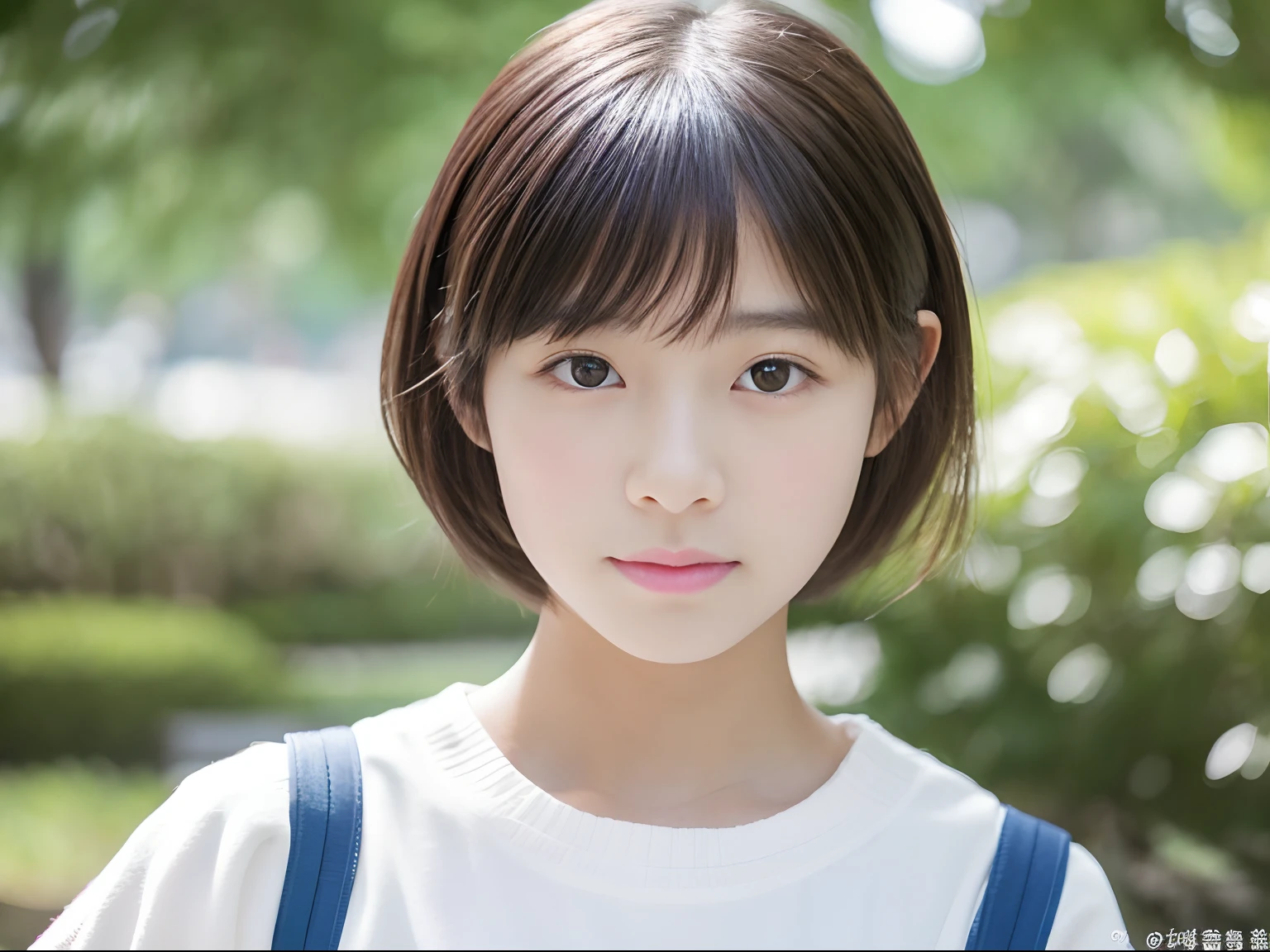 Cute 14-year-old Japan girl wearing a white camisole, Transparent white skin, pale pink cheeks, Face Close-up, Short hair, Looking Up, Looking at the camera, 鎖骨