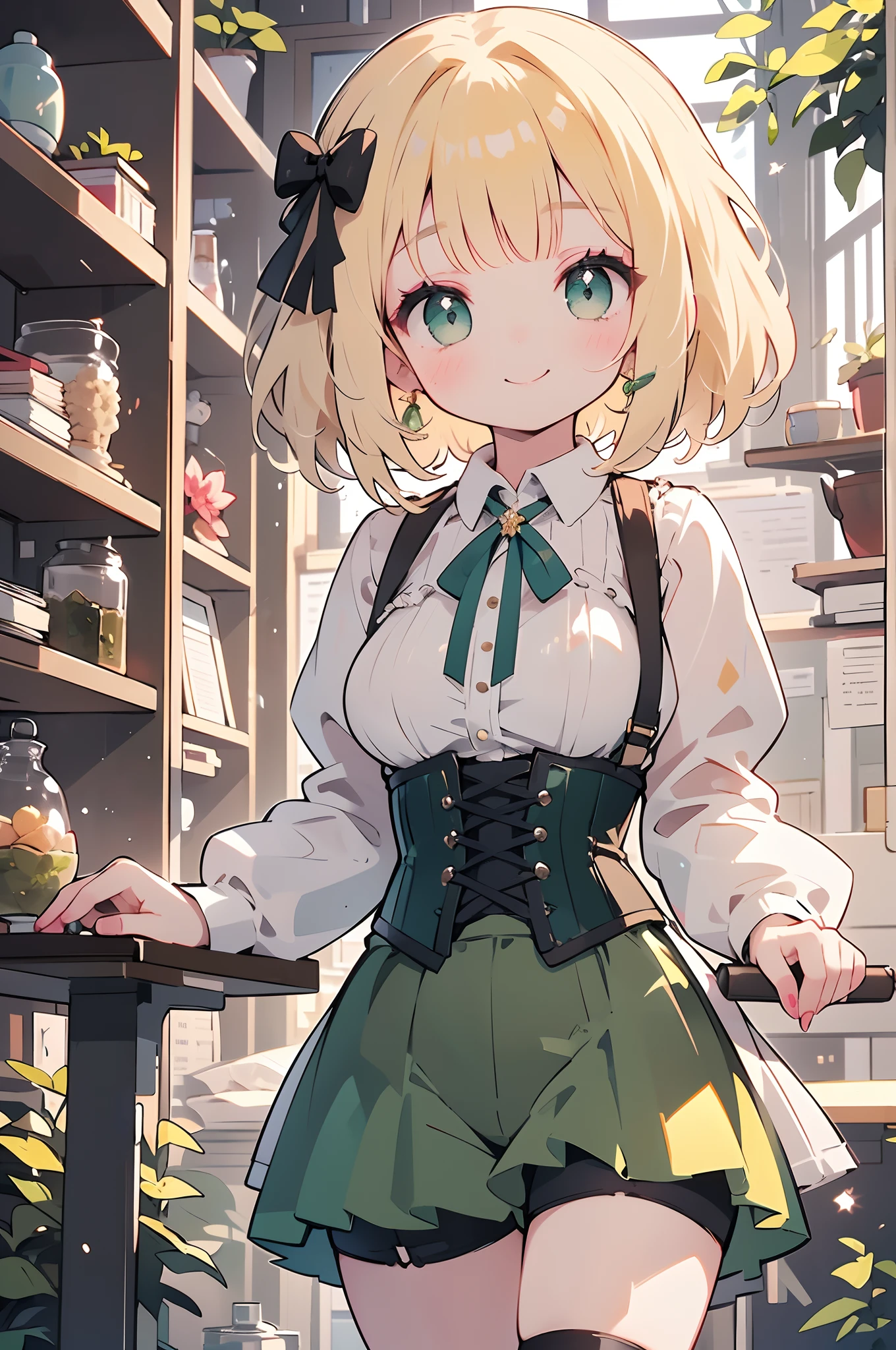 Girl with blonde and short bangs,The girl closes her mouth and smiles,Delicate Makeup,Moss Green Gothic,white long sleeved blouse,A large long ribbon of moss green with jewels on her neck,Wear a corset with suspenders over borderline shorts,big breasts