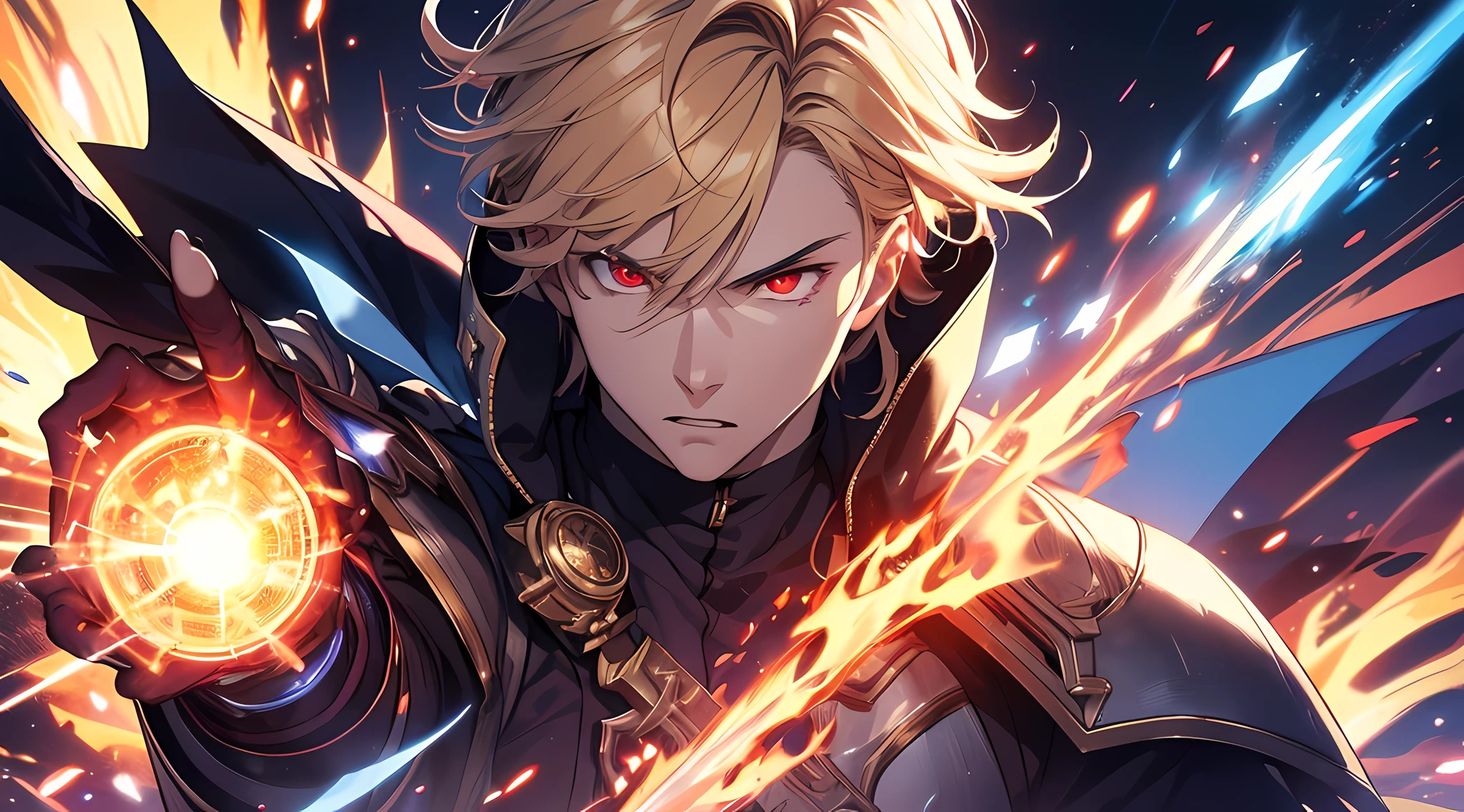 (ultra-detailed, perfect pixel, highres, best quality, beautiful eyes finely detailed), 19 years old boy, (full body:0.8), have power like demon god in manhwa, full of demonic aura, angry facial expression, red eye color (glowing red eyes), blonde hair (half of his hair covered with blue flame), with knight outfit, elegant, detective, realistic fire, the background is full of magical particles and realistic blue fire. lens flare, glowing light, reflection light, motion blur, 8k, super detail, ccurate, best quality, Ray tracing.