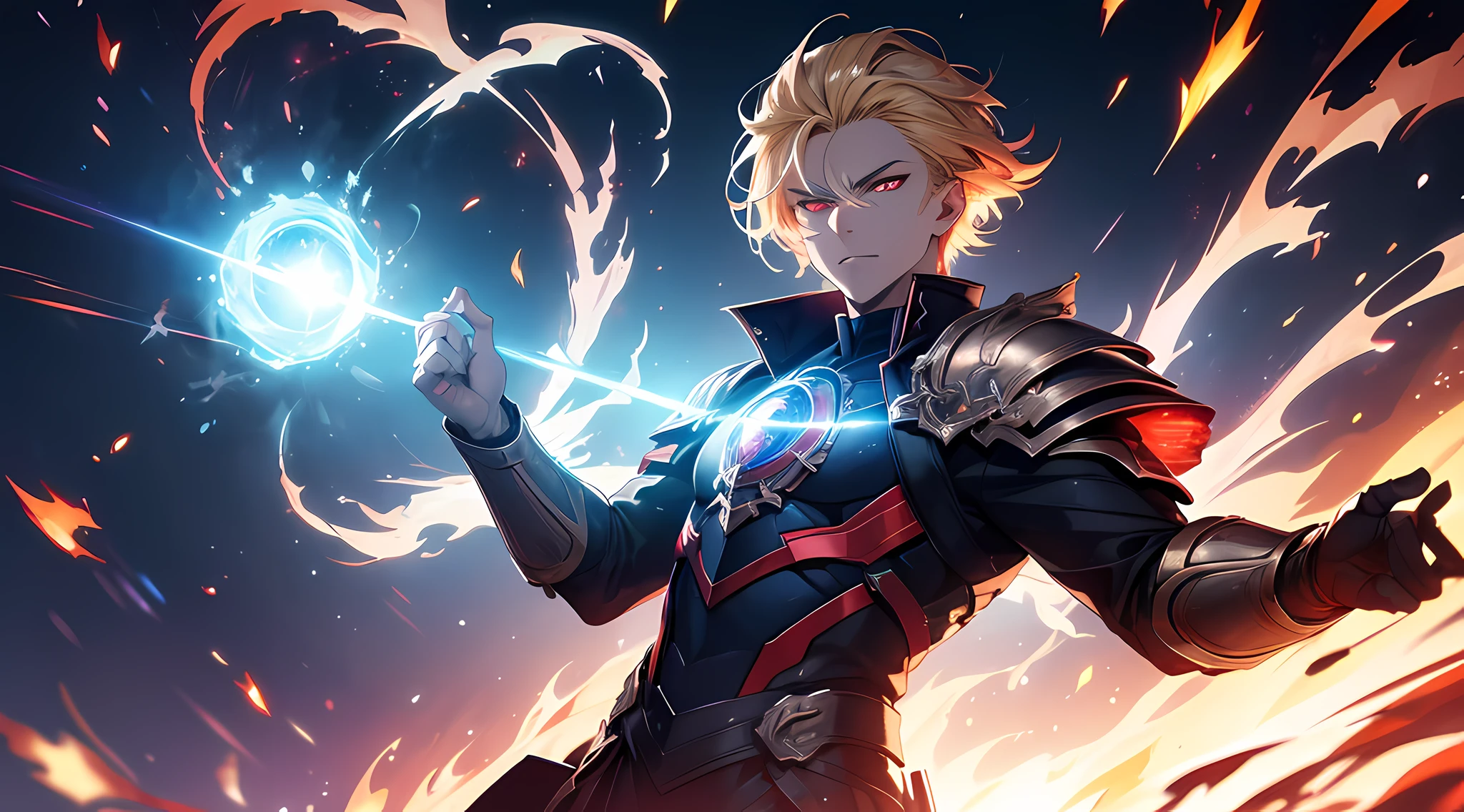 (ultra-detailed, perfect pixel, highres, best quality, beautiful eyes finely detailed), 19 years old boy, (full body:0.8), have power like demon god in manhwa, full of demonic aura, angry facial expression, red eye color (glowing red eyes), blonde hair (half of his hair covered with blue flame), with knight outfit, elegant, detective, realistic fire, the background is full of magical particles and realistic blue fire. lens flare, glowing light, reflection light, motion blur, 8k, super detail, ccurate, best quality, Ray tracing.