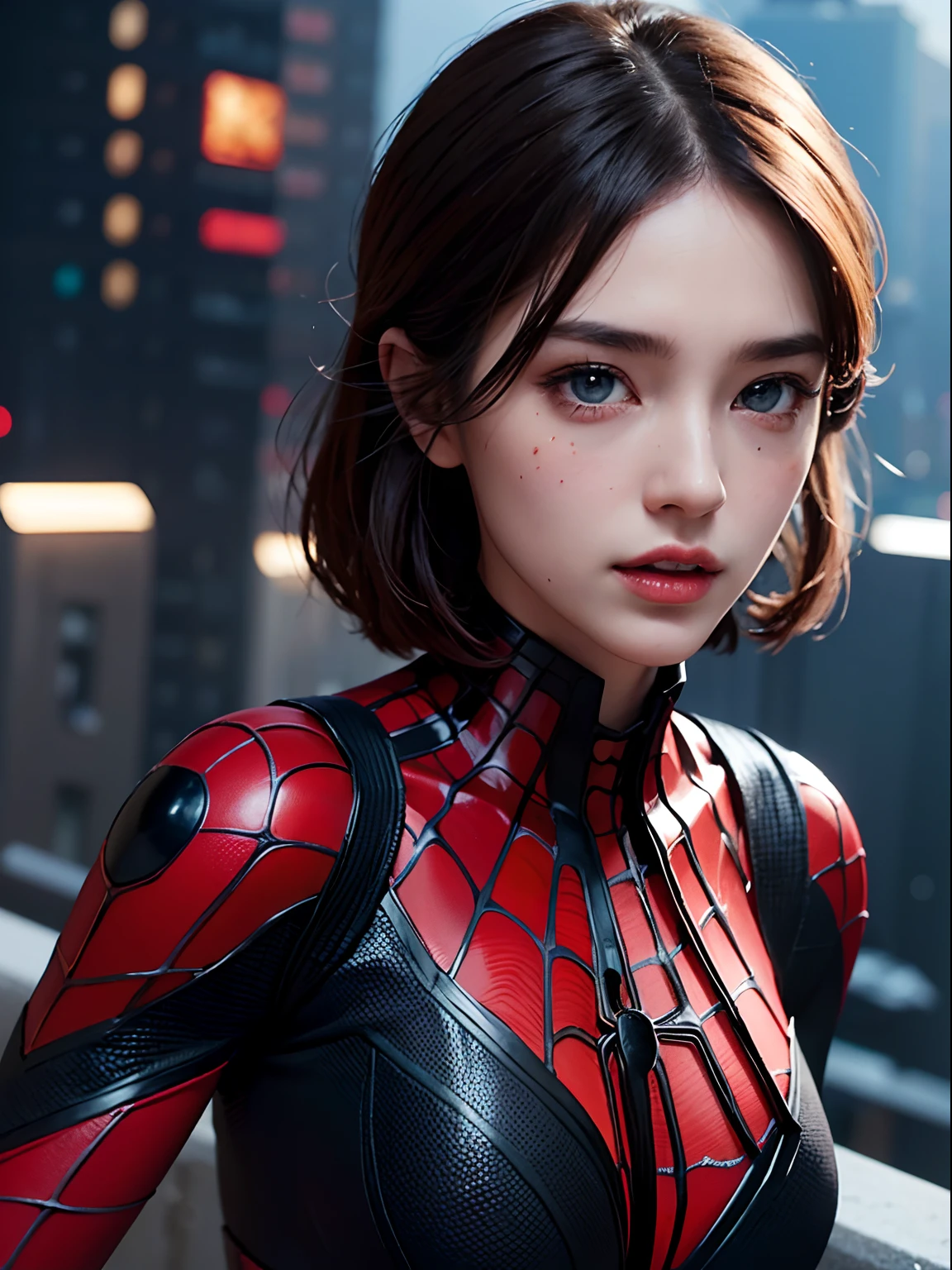 (1girl:1.3), Solo, (((Very detailed face)))), ((Very detailed eyes and face)))), Beautiful detail eyes, Body parts__, Official art, Unified 8k wallpaper, Super detailed, beautiful and beautiful, beautiful, masterpiece, best quality, original, masterpiece, super fine photo, best quality, super high resolution, realistic realism, sunlight, full body portrait, amazing beauty, dynamic pose, delicate face, vibrant eyes, (from the front), She wears Spider-Man suit, red and black color scheme, spider, very detailed city roof background, rooftop, overlooking the city, detailed face, detailed complex busy background, messy, gorgeous, milky white, highly detailed skin, realistic skin details, visible pores, clear focus, volumetric fog, 8k uhd, DSLR, high quality, film grain, fair skin, photo realism, lomography, futuristic dystopian megalopolis, translucent