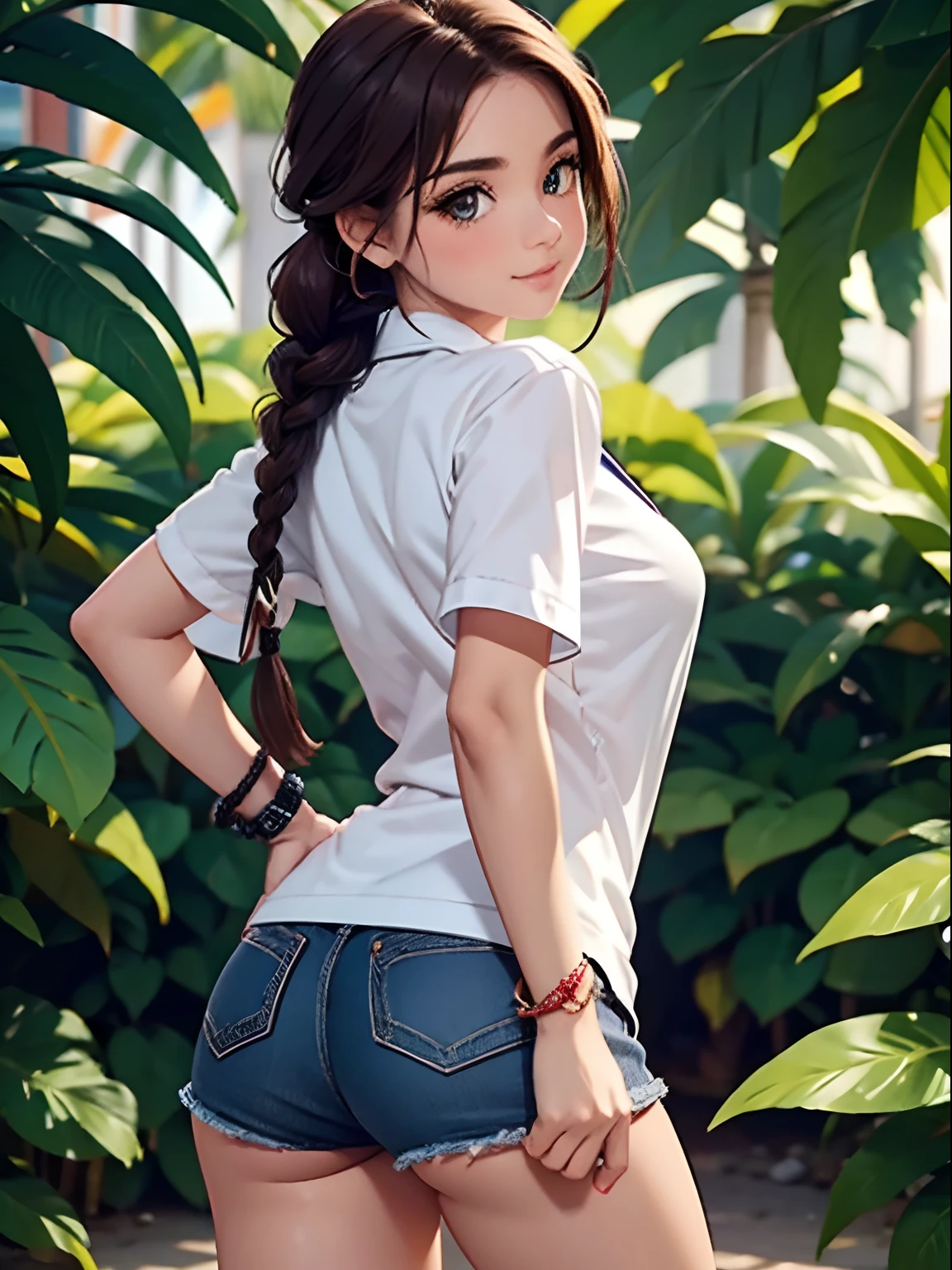 , 1girl, Video game character, Dark Street, natta, perfect waist, shoulderpads, chokers, beautiful  face, detailedeyes, perfectbody, thick-thighs, big-ass, breasts small, hair with braids, posing for a photo, hand on ass, hands on thigh, wet ass, cowgirl position, looking at the viewer, anatomically corrected, focus on the ass, low viewer
