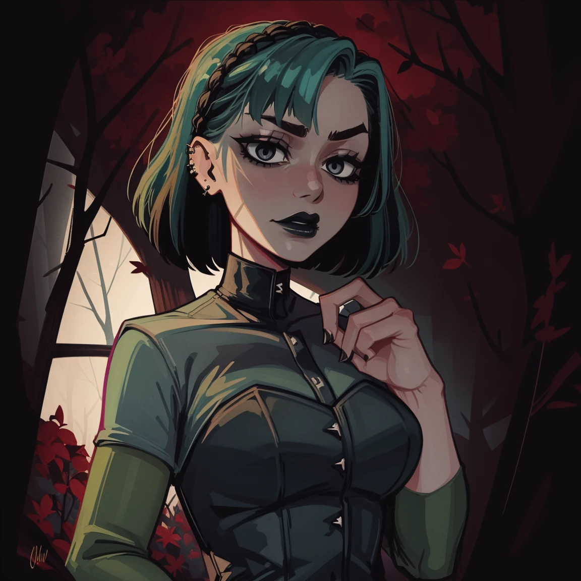 gwen, goth girl, autumn forest background, detailed, detailed, detailed, beautiful, detail, goth girl, masterpiece, dark night background, gothic, goth, goth, detailed, goth girl, piercings, detailed face, looking viewer, Gwen, (Dark eye shadow) dark eye shadow, black eye shadow,