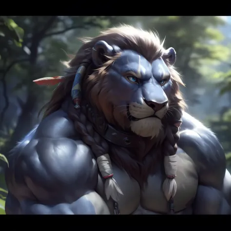 solo, male, (muscular:0.7), shaman, (male anthro lion):1.3, ((hunched over afraid pose)):1.3, (kemono:0.6), (tribal clothing, ba...