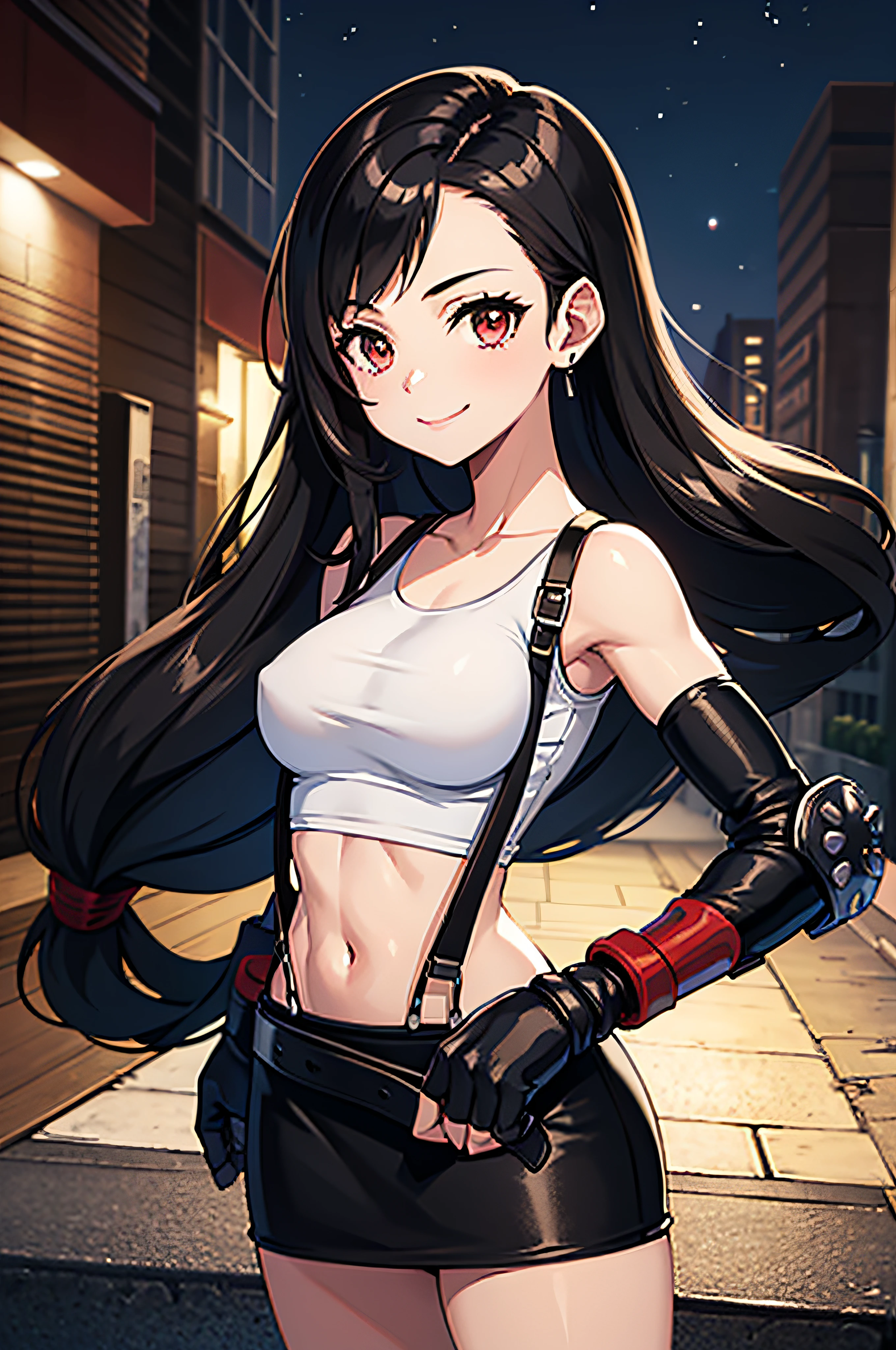 (masterpiece), best quality, expressive eyes, perfect face, 1 girl, solo, defTifa, white crop top, elbow pad, fingerless gloves, suspenders, pencil skirt, black socks, red boots, city, metallic city, night, smiling, posing, standing, upper body, portrait, looking at the viewer,