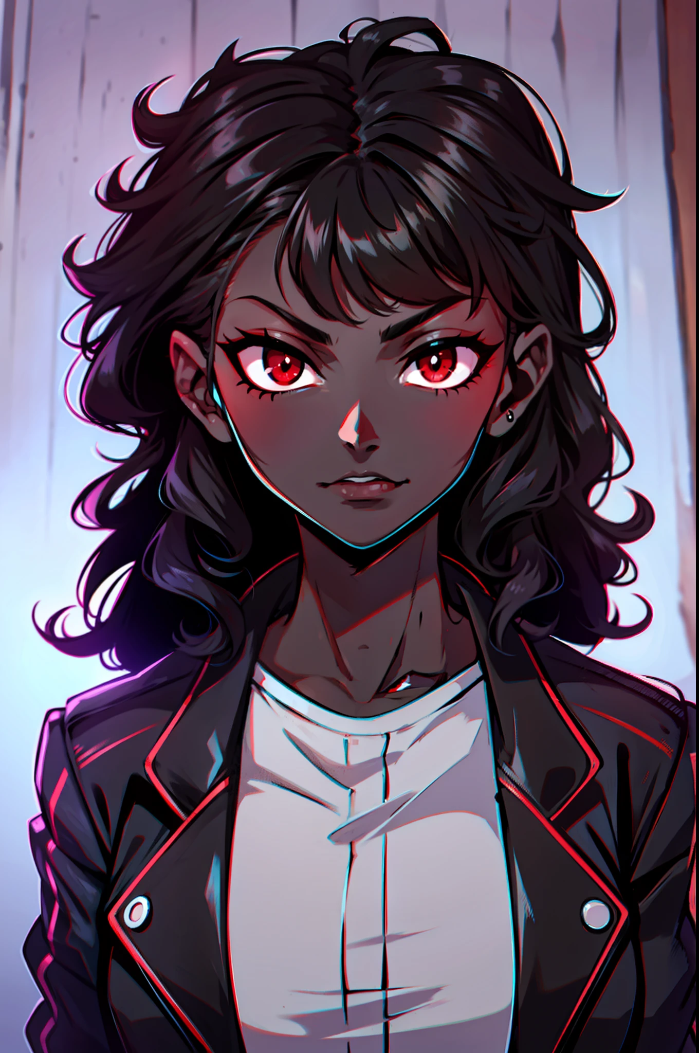 female, black skin,curly black hair, red eyes, vampire, jacket, black skin tone