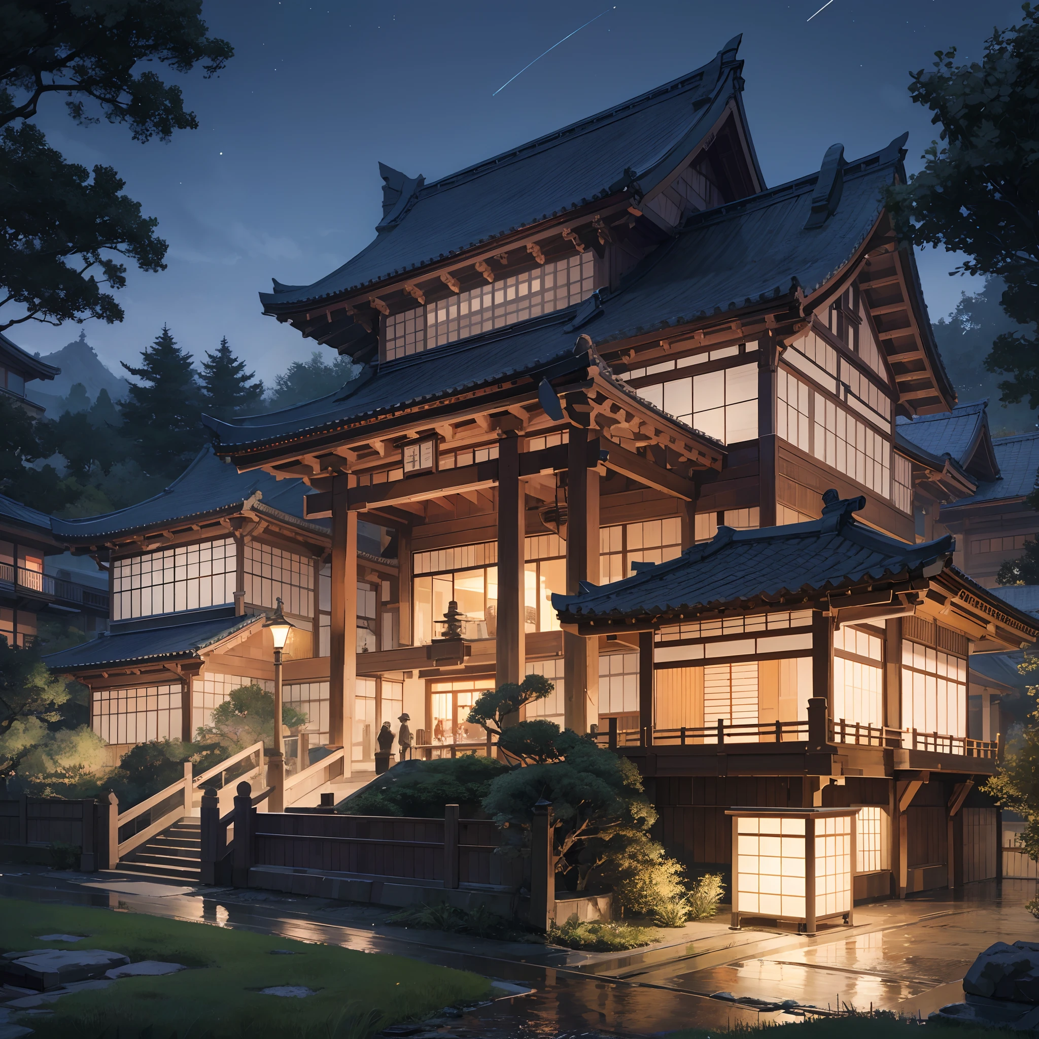 Japanese-style mansion at night seen from a distance