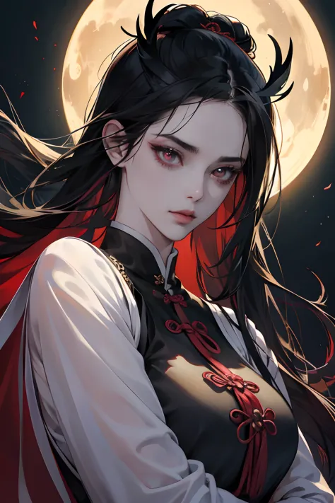 high quality,realistic,[female],[jiang shi],[chinese zombie],[chinese dresses],[qi pao],[talisman on head],[nighttime],[breast exposed],petite,detailed eyes and face,long eyelashes,pale skin,graceful posture,ominous atmosphere,dark background,mysterious au...