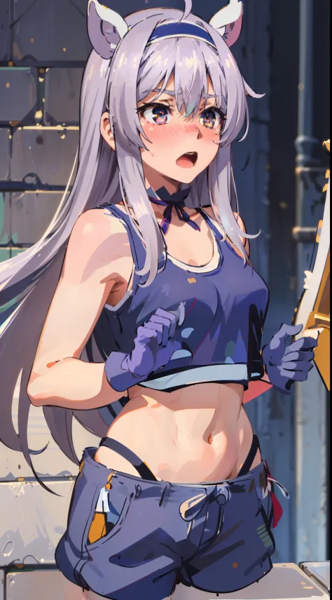best quality, (masterpiece:1.2), detailed,
Sistine Fibel,
1girl, solo, open mouth, nose blush, embarrassed, medium breasts,
long hair, grey hair, green eyes, blue hairband, animal ears, navel, gloves, (((cropped tank top, 20 years old))), (((ultra-detailed...