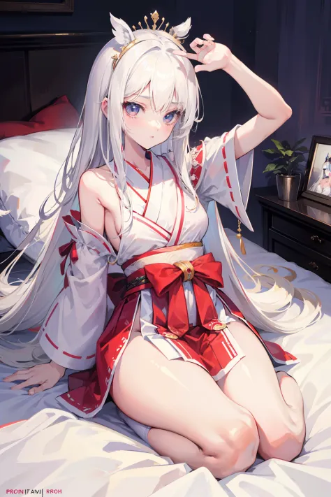 white  hair,Top image quality,teens girl,​masterpiece,de pele branca,Semi-long hair,Princess,hime-cut,small tits,tits out,Glowing face,lyin in bed,waking up,hakama