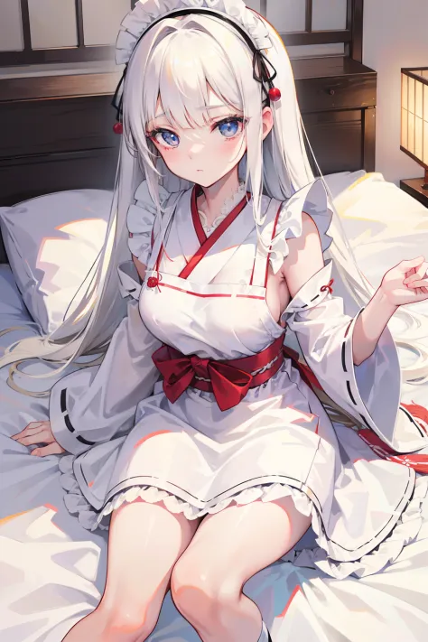 white  hair,Top image quality,teens girl,​masterpiece,de pele branca,Semi-long hair,,hime-cut,small tits,tits out,Glowing face,lyin in bed,waking up,Apron Dresses,Japanese style maid,frilld,hakama