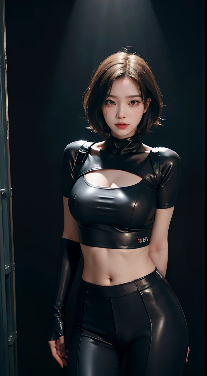 (8K, Raw foto, Best Quality, mastery:1.2), (realisitic, Realistis:1.37),(kpop-idol), (aegyo sal:1),Cute,Professional Lighting, photons mapping, radiosity, physics based rendering , cosplay, lucy \(The cyberpunk\), bob cuts, mechanical parts, Grey eyes, Black Tight Suit, cyberpunk city, black pants, natta, neon lit, Sexy, smoke, looking up at viewer,, 8K High Resolution, 8K, CG wallpapers, realitic, clear background, Medium Tits, Body