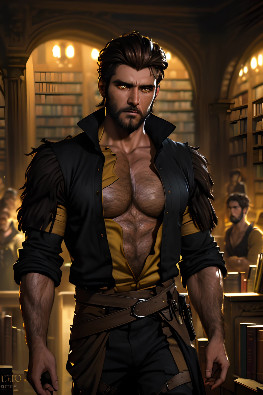 realistic photo scene 8k UHD ((ultra detailed masterpiece)), young handsome man, short dark-brown hair, beard, tall, ((yellow-iris)), intense gaze, tan skin, scared face, fierce, (wearing black clothes), very hairy chest, Amazing fantasy art, library setting