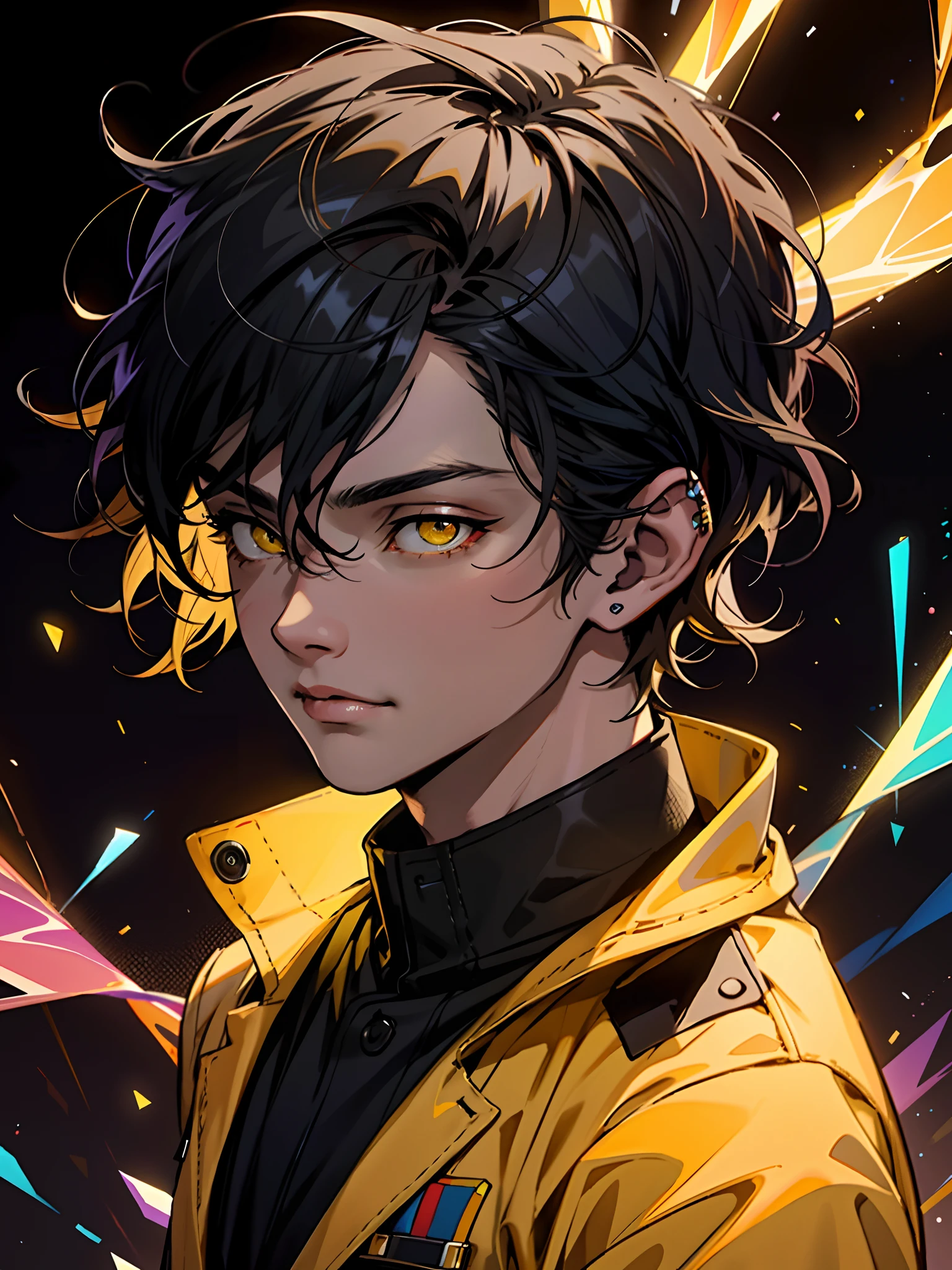 Realistic, (Masterpiece, Superior Quality, Best Quality, Official Art, Beauty and Aesthetics: 1.2), Very Detailed, Fractal Art, Colorful, yellow color palette. More Detailed, Zentangle, (Abstract Background: 1.5) (1Boy: 1.3), God, Black Hair, Short Hair, (Bright Yellow Eyes), Mysterious, (Magic), Crystal, Beautiful Man, Uniform, Walking.