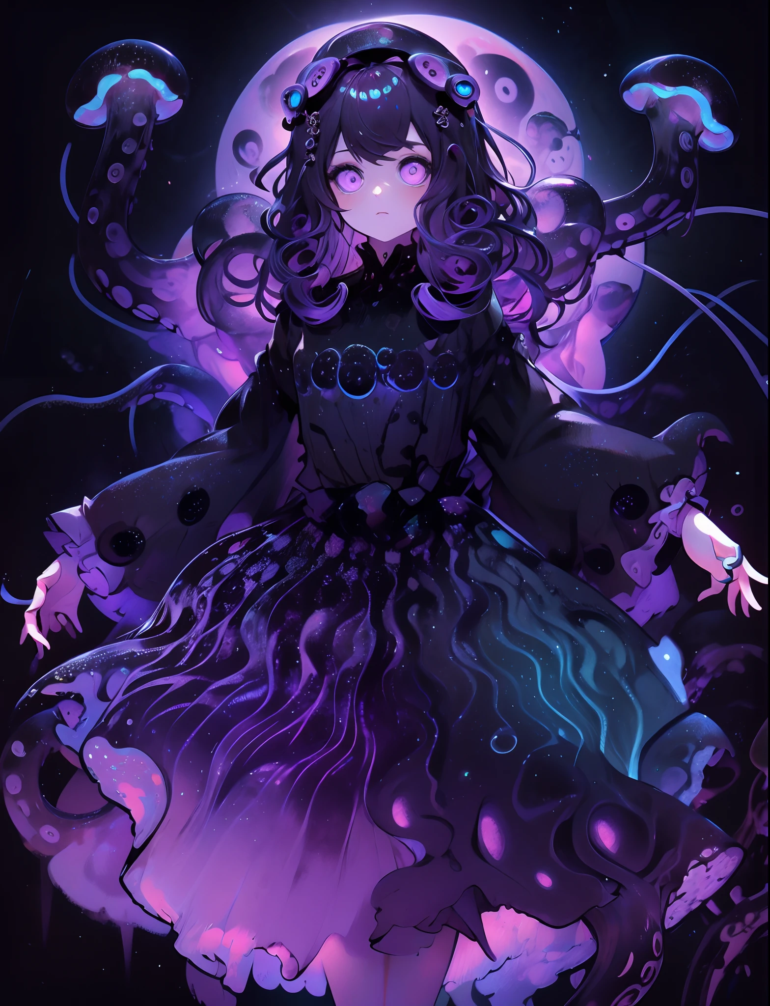 A girl wearing a jellyfish dress. A black jellyfish and a purple glow. Black tentacles lined with purple luminescent bodies. Deep sea.