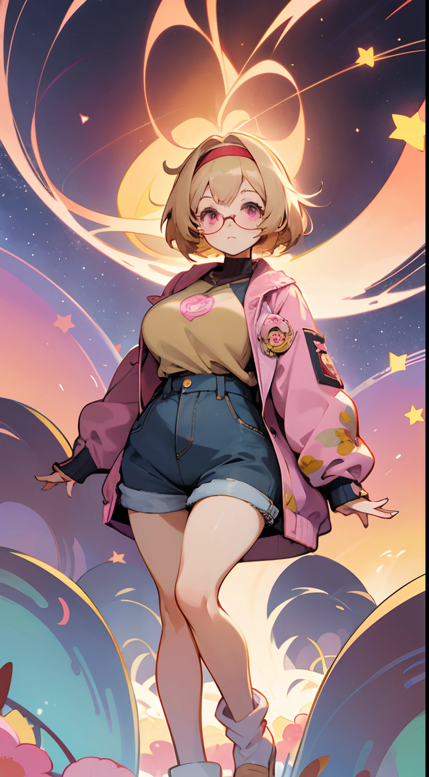 anime girl with big round glasses , anime moe anime girl, pink eyes, short brown mesdy hair, blonde bangs, wearing jean shorts, tan sweater, and big pink jacket with flower designs, cute hair accessories, ((full body)), cute art style, busty, big breasts, chubby, pear body shape, wide hips, big thighs, white headband, tired expression, standing in a flower field with chibi cartoon bees, beautiful sunset, stars, beautiful lighting, fantasy world, music notes in background.